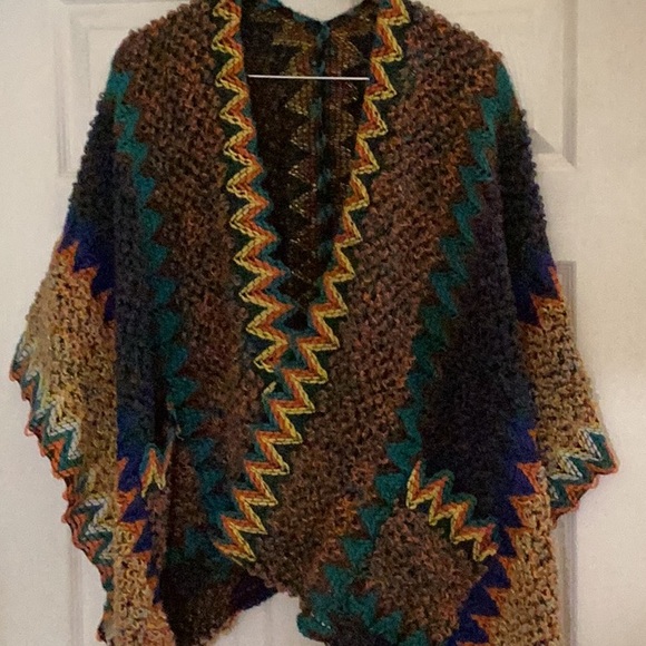 JC Sunny - Coffee-Blue Pocket Colorful Crochet Patterned Ruana - new - Picture 4 of 9